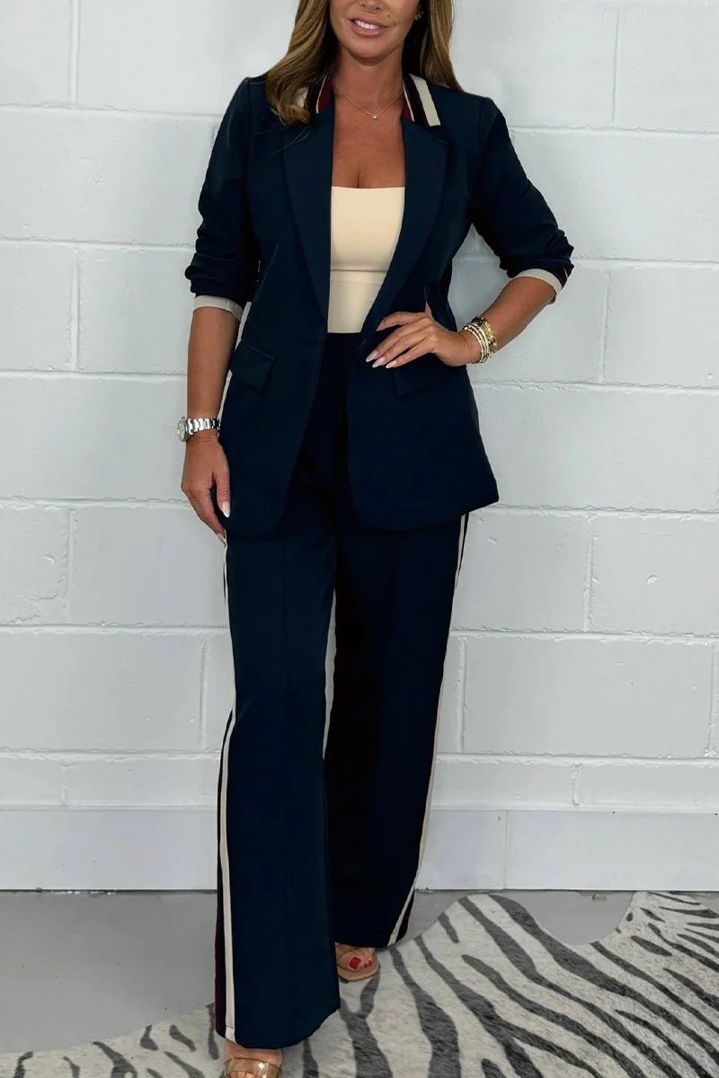 Damen nan tailliertes Longblazer-Hosen-Set mit Bügelfalte, weitem Bein und seitlicher Paspel R&B