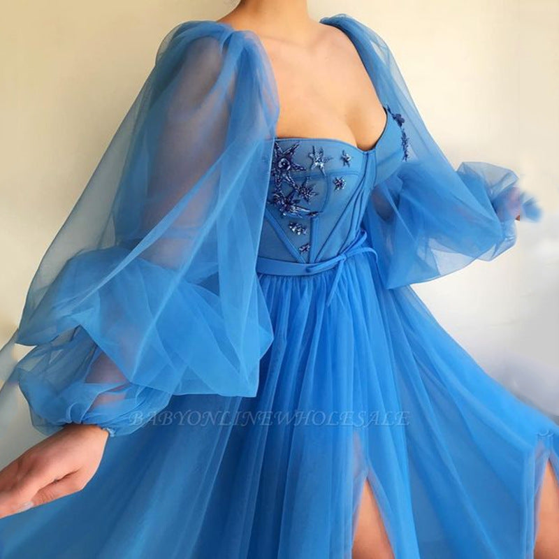 Damen Tüll Abendkleid mit voluminösen Ärmeln und seitlichem Schlitz R&B