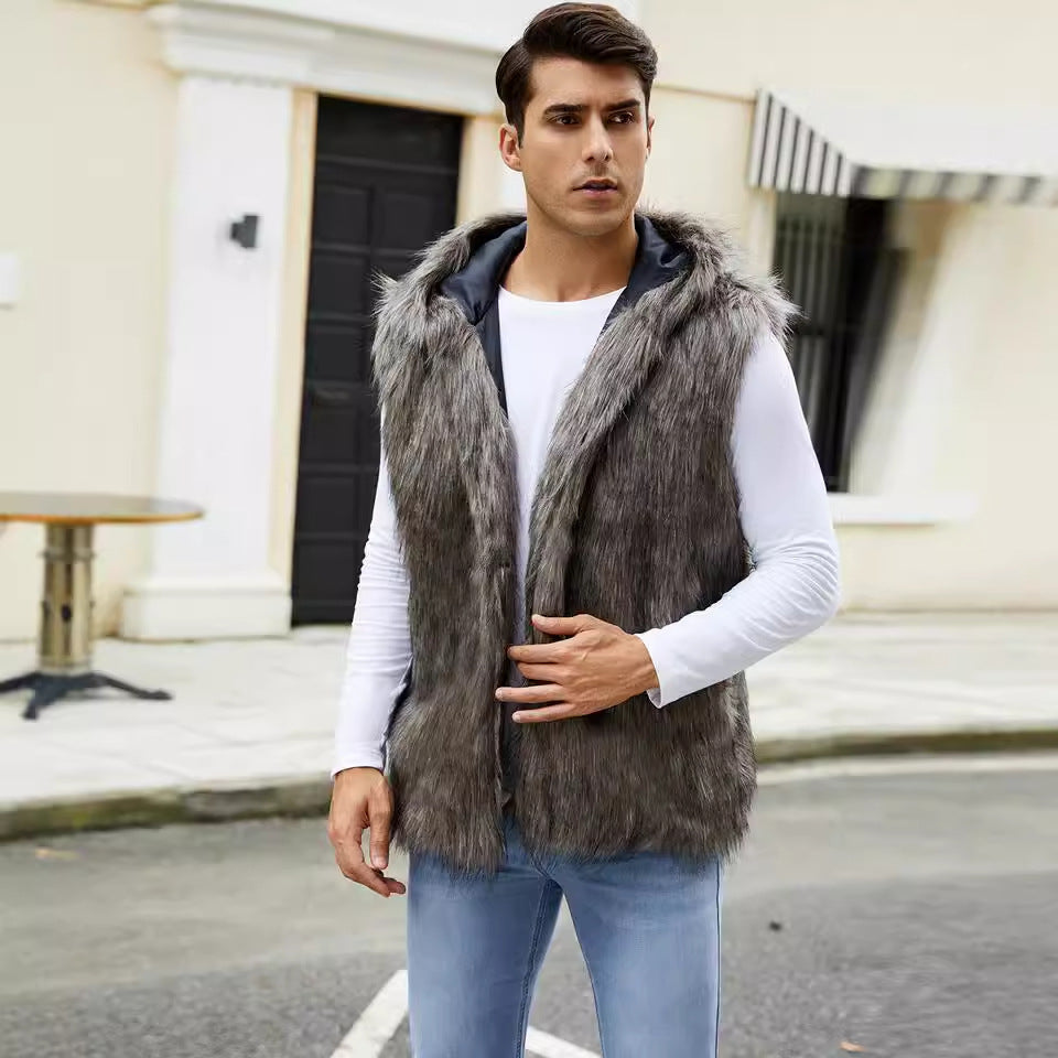 Herren Luxuriöse Kunstfell-Weste mit Kapuze R&B