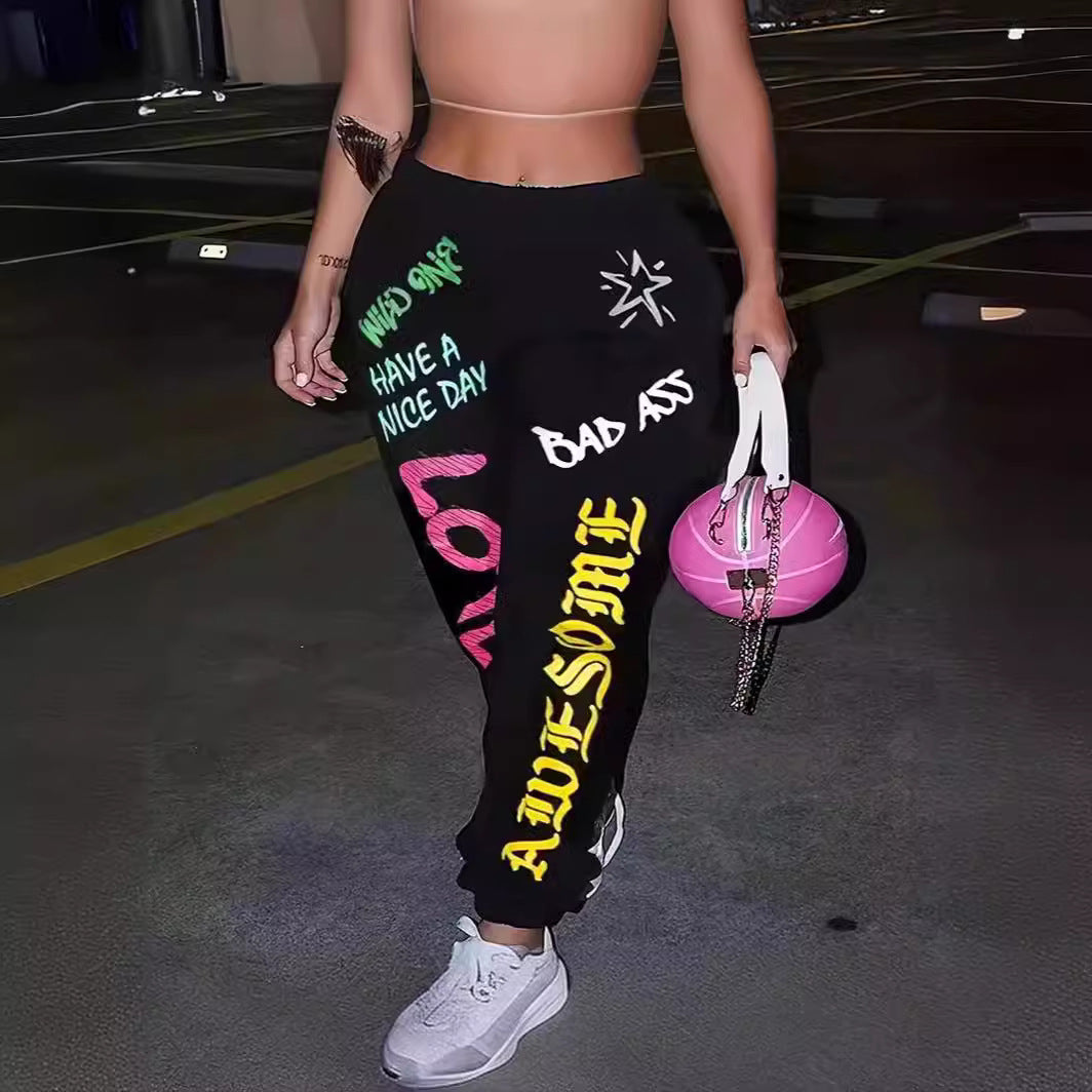 Damen Freizeithose mit kreativem Schriftzug und elastischem Bund R&B