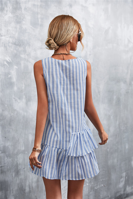 Damen luftiges Streifenkleid mit voluminösem Rüschensaum R&B