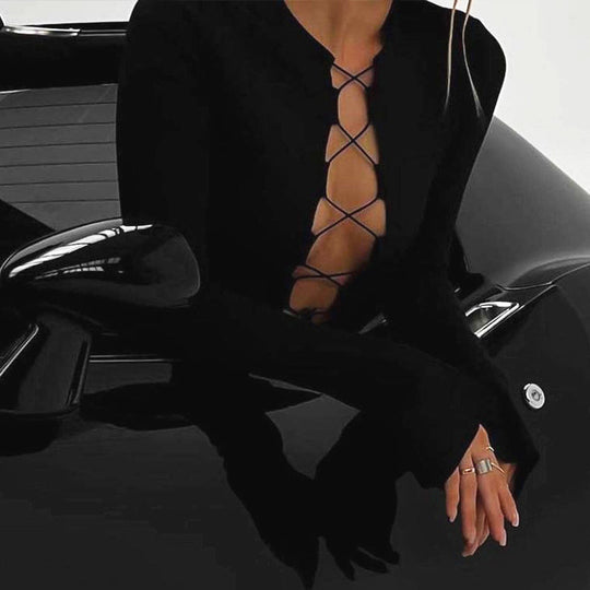 Damen elegantes Kleid mit tiefem V-Ausschnitt und Schnür-Detail R&B