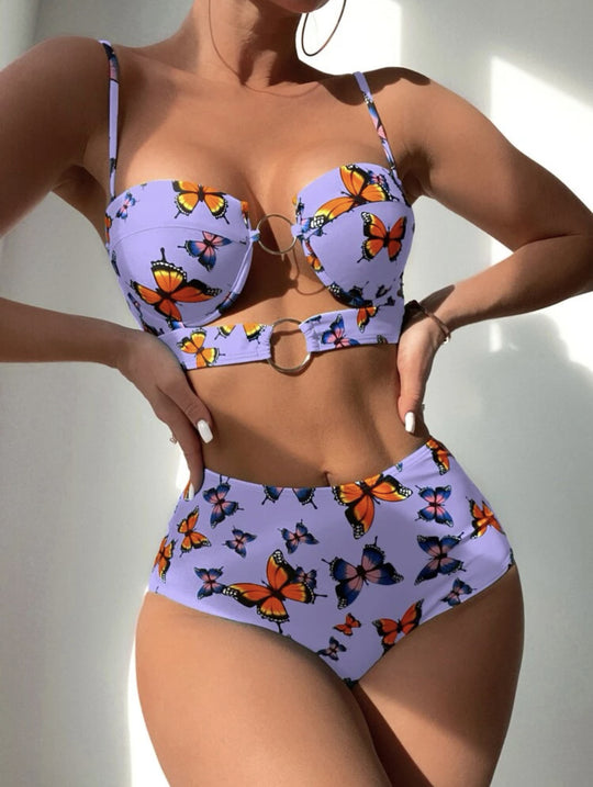 Damen Push-Up Bikini mit floralen Schmetterlingsmotiven R&B