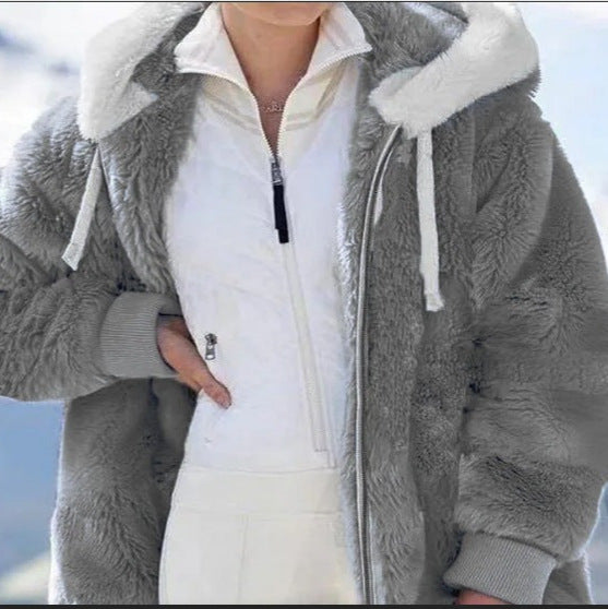 Damen Kuschelige Kunstpelzjacke mit Kapuze R&B