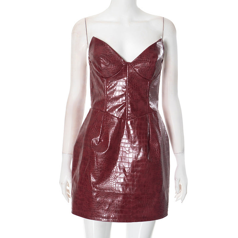 Damen Kleid aus hochwertigem, glänzendem Kunstleder mit Krokodilprägung R&B