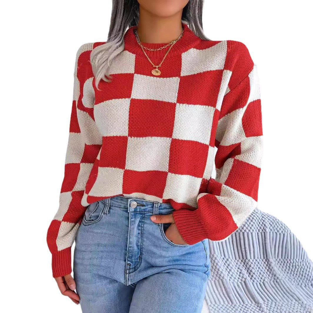 Damen lässiger kariert Pullover mit weiten Ärmeln und Rundhalsausschnitt R&B
