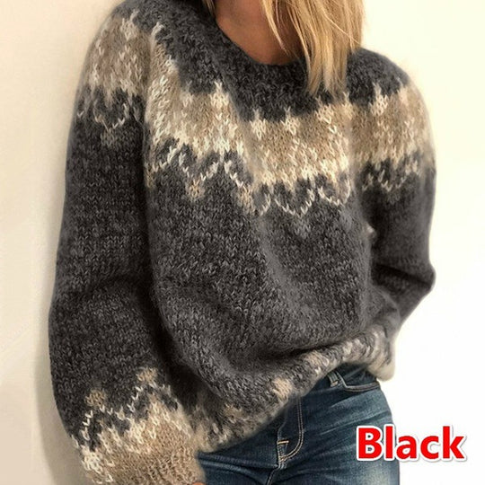Damen gemütlicher Strickpullover mit modernem Muster und voluminösen Ärmeln R&B