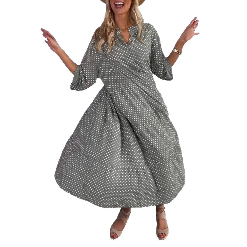 Damen nan leichtes fließendes Midikleid mit Pünktchenmuster, Stufenrock und krempelbaren Ärmeln R&B
