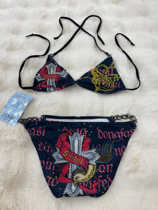 Damen Triangel-Bikini mit auffälligem Grafikumrandung R&B