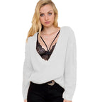 Damen Grobstrickpullover mit tiefem V-Ausschnitt und lässigem Schnitt R&B