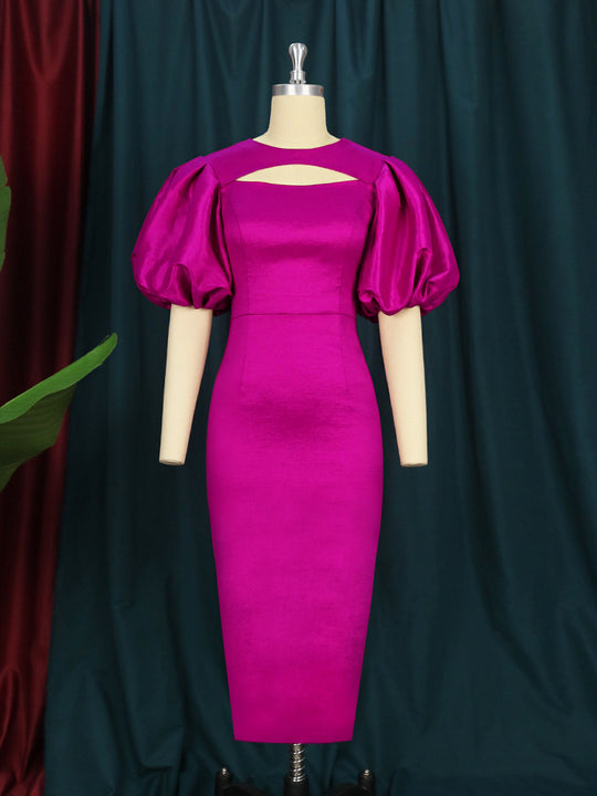 Damen figurbetontes Kleid mit Puffärmeln und Schlüssel-Ausschnitt R&B