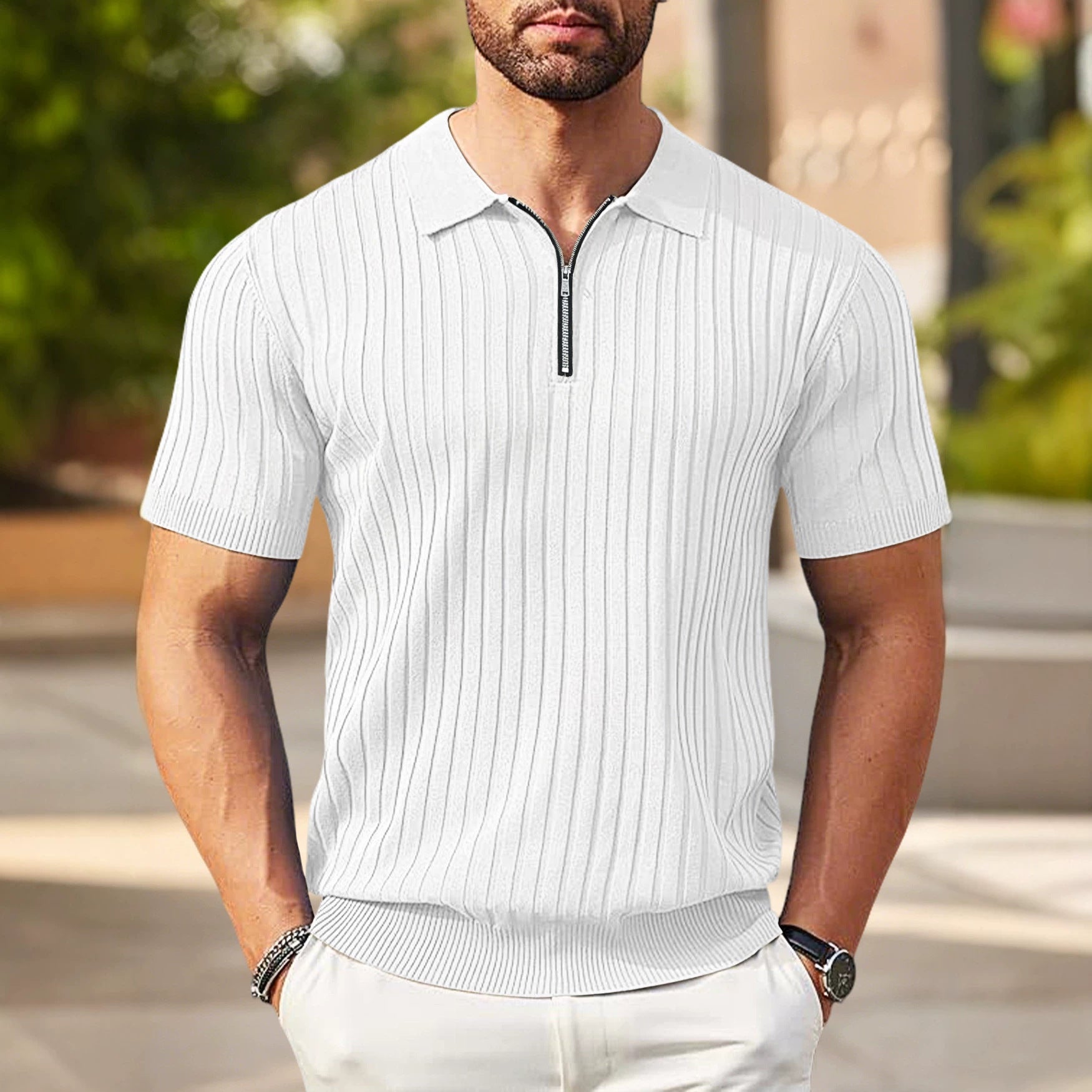 Herren nan elegantes strukturiertes Kurzarm-Strickpolo mit kurzem Metallreißverschluss und Hemdkragen R&B