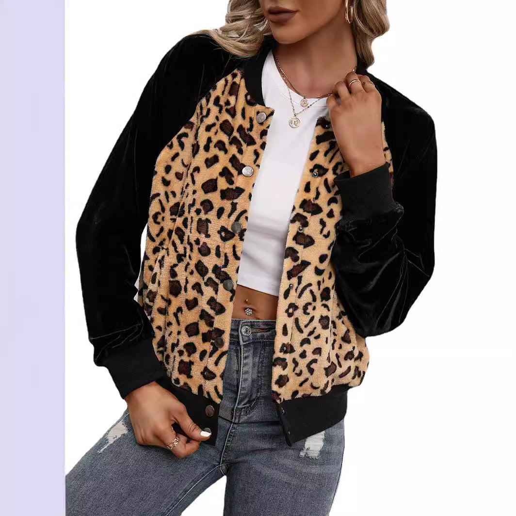 Damen elegante Bomberjacke mit Leopardenmuster und Veloursbesatz R&B