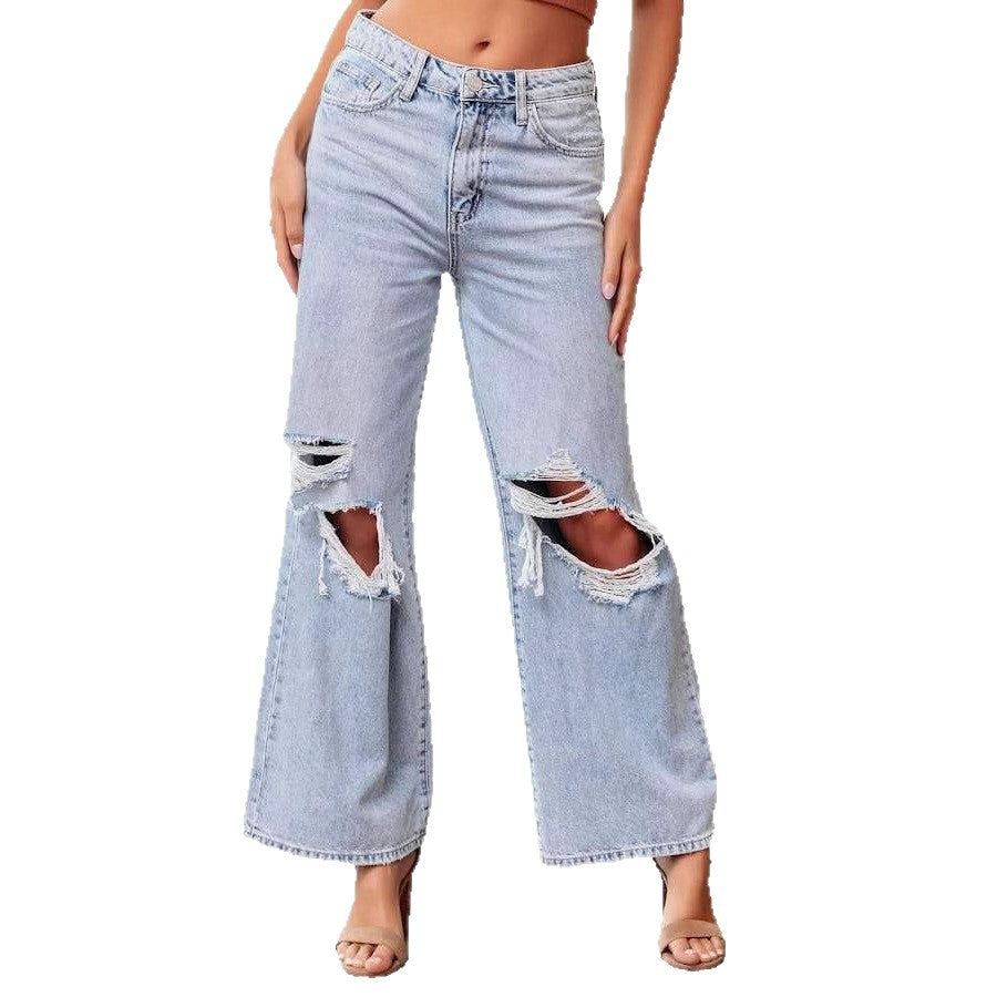 Damen Weit geschnittene Jeans mit modischen Rissen und lässigem Schnitt R&B