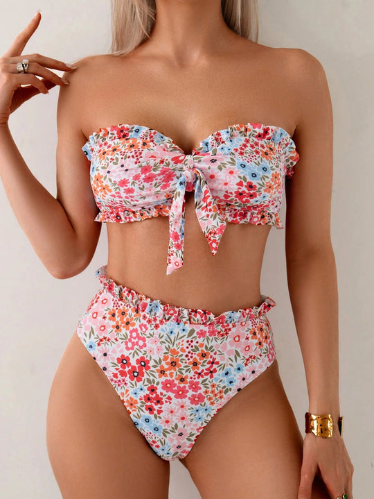 Damen Bandeau-Bikini mit verspielten Rüschen und floralem Muster R&B