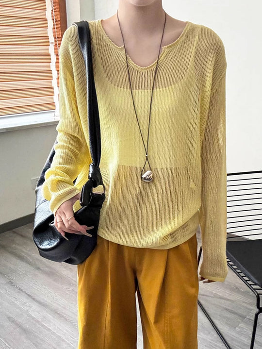 Damen luftiger Strickpullover mit V-Ausschnitt und lässigem Schnitt R&B