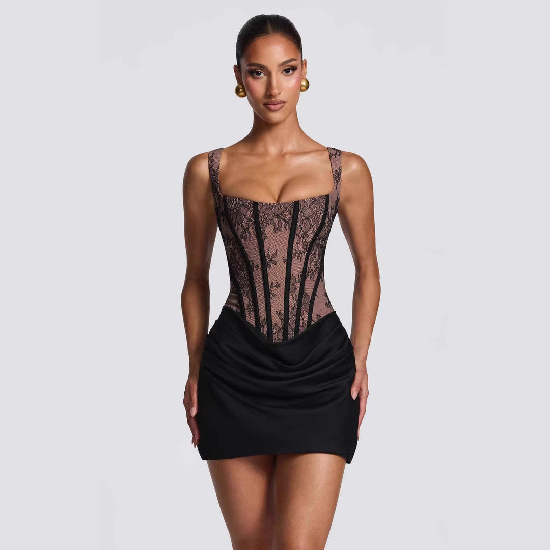 Damen Korsett-Kleid mit luxuriösen Spitzenakzenten und drapiertem Rock R&B