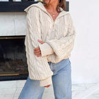 Damen lässiger Strickpullover mit weichem Zopfmuster und praktischer Kapuze R&B
