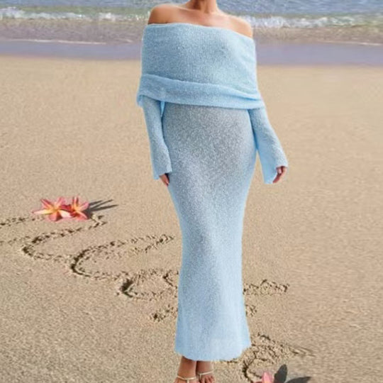 Damen Off-Shoulder Strickkleid mit langen Ärmeln und eleganter Silhouette R&B