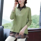 Damen Layered Strickpullover mit V-Ausschnitt und trendy Hemdbluse R&B