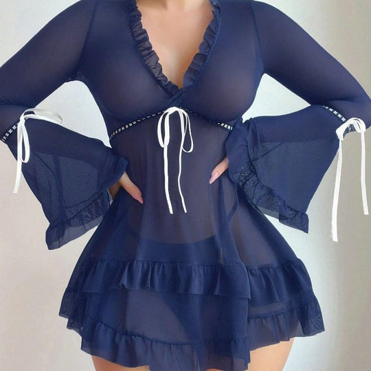 Damen transparentes Strandkleid mit voluminösen Rüschen und langen Ärmeln R&B