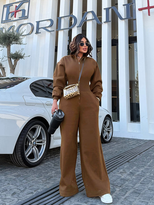 Damen Sportlicher Fleece-Jumpsuit mit hohem Kragen und trendiger Silhouette R&B