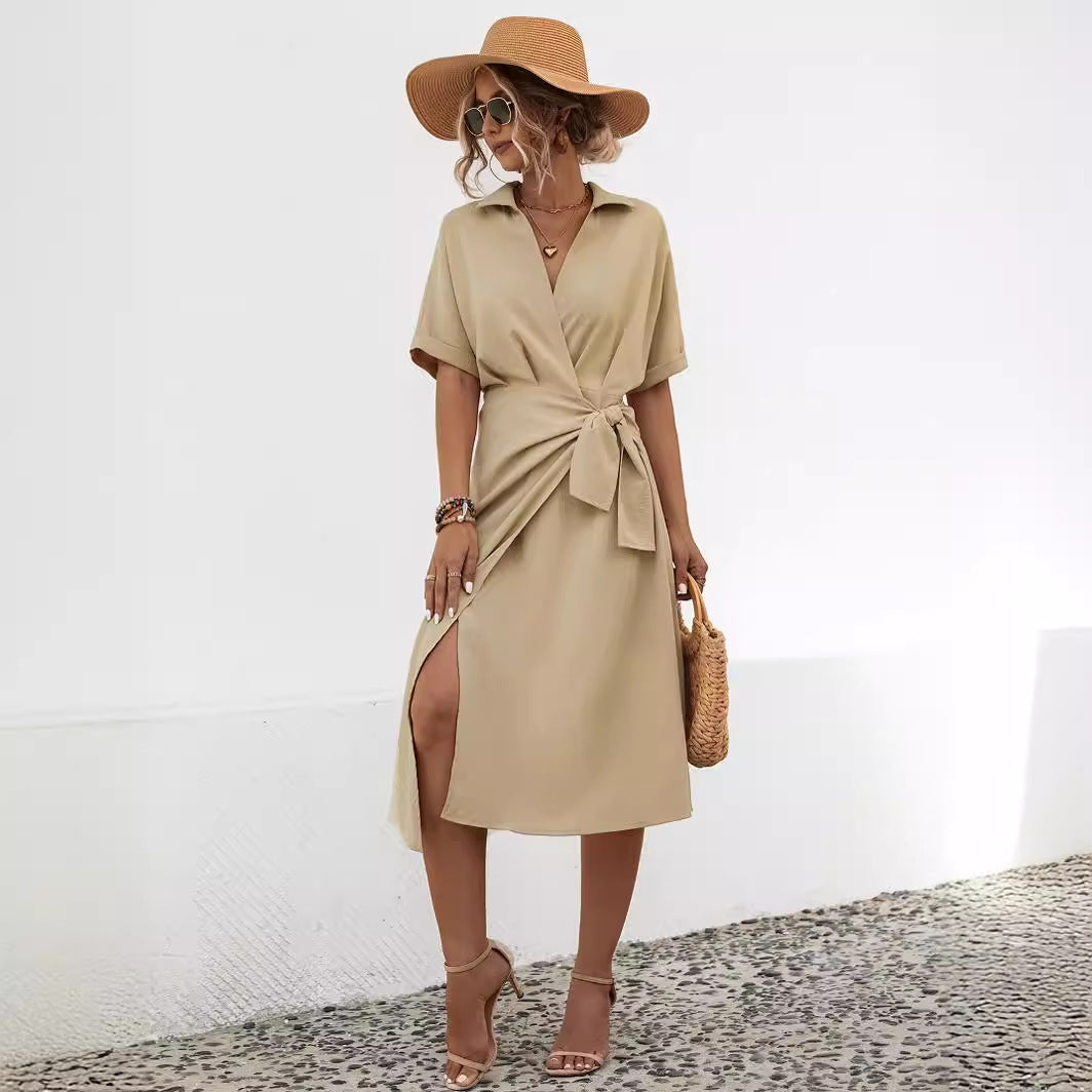 Damen Wickelkleid mit elegantem Kragen und Taillengürtel