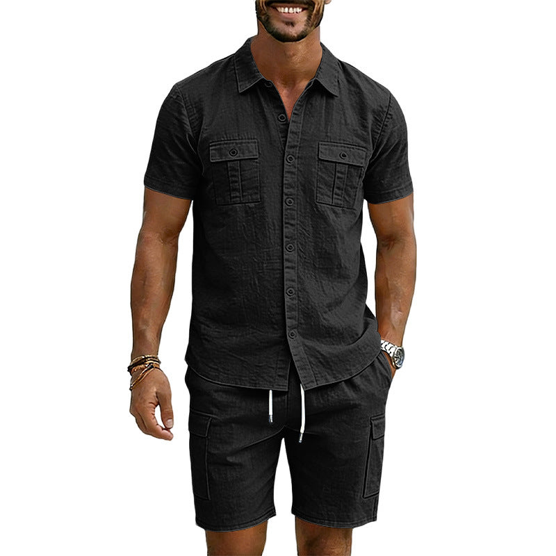 Herren nan sommerliches Kurzarm-Hemd- und Cargo-Bermudas-Set aus Leinenmix mit Brustklappen und Tunnelzugbund R&B