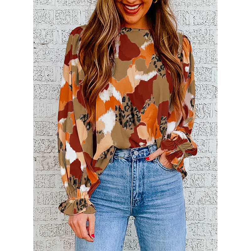 Damen Bluse mit künstlerischem Druck und gerafften Manschetten R&B
