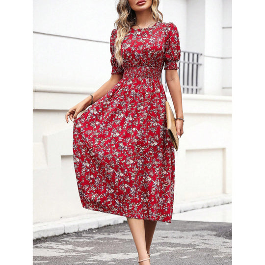 Damen Leichtes Blumendruck Maxi Kleid mit Smock-Taille R&B