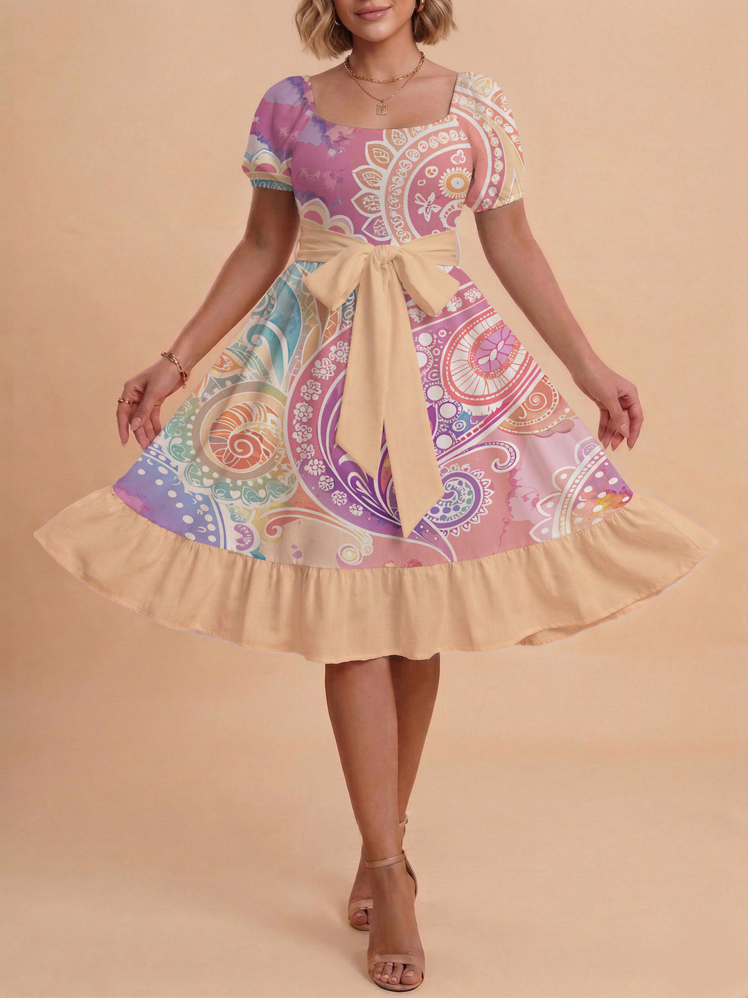 Damen modernes Blumenkleid mit elegantem Taillengürtel und asymmetrischem Saum R&B