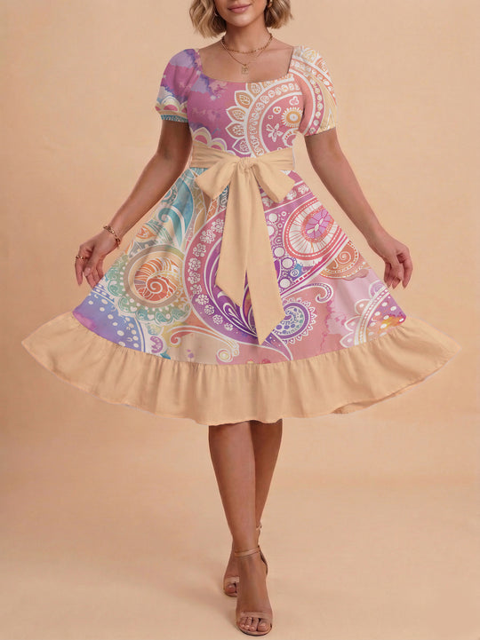 Damen modernes Blumenkleid mit elegantem Taillengürtel und asymmetrischem Saum R&B