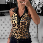Damen Glitzerndes Poloshirt mit Leopardenmuster