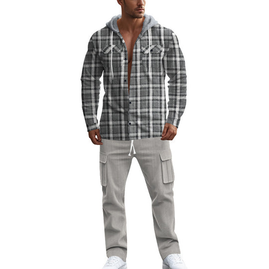 Herren gemusterte Kapuzenshirtjacke mit karierter Struktur und praktischen Taschen R&B