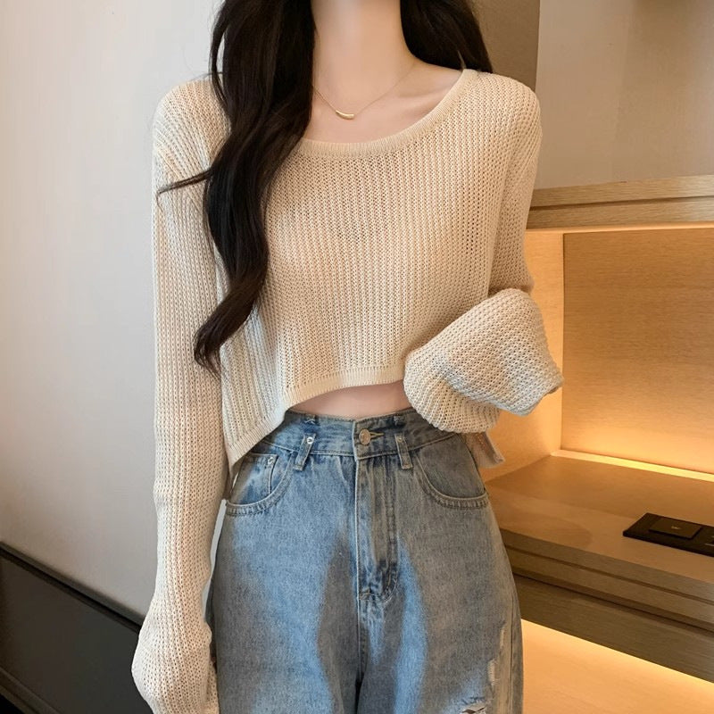 Damen Cropped Strickpullover mit feinem Gewebemuster und lässigen Schulterpartien