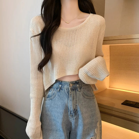 Damen Cropped Strickpullover mit feinem Gewebemuster und lässigen Schulterpartien