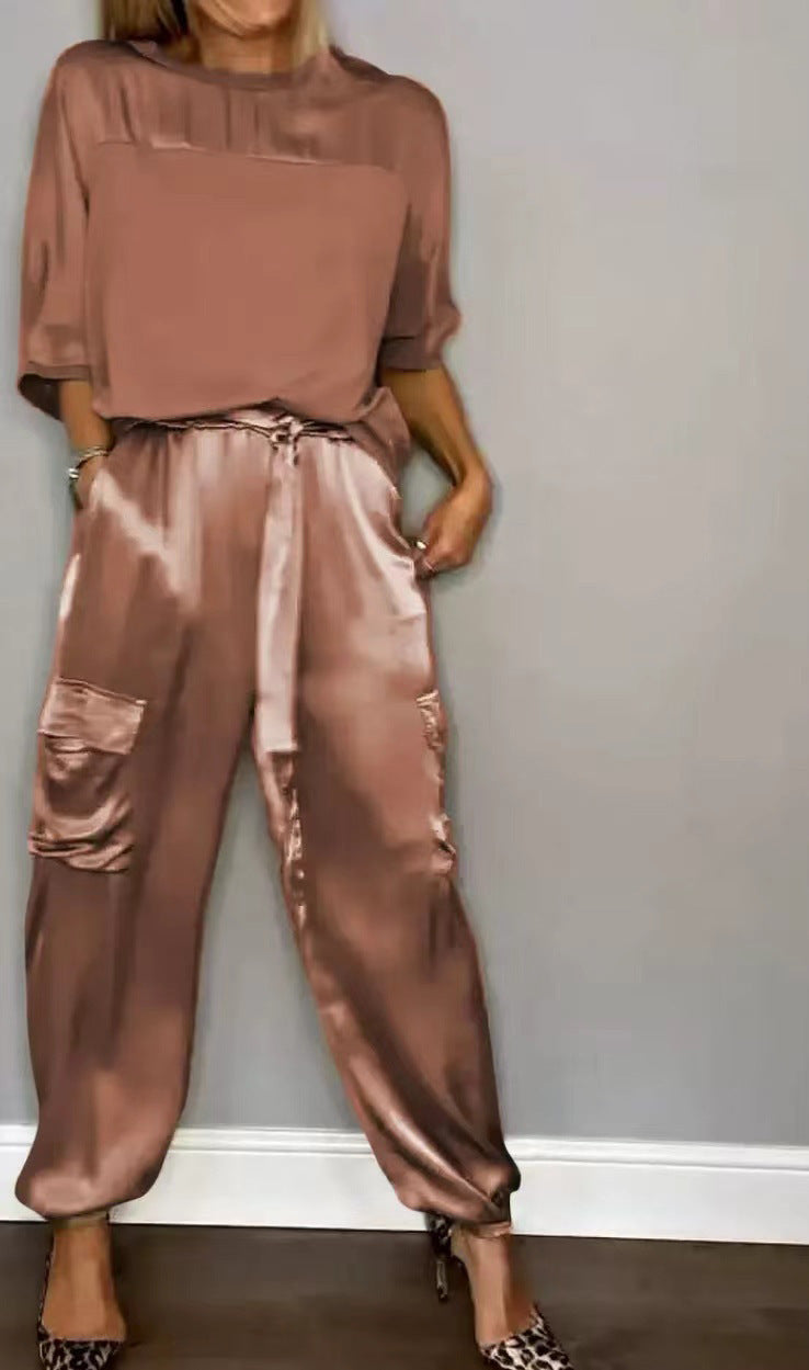 R&B | Solide Farbe glatt Satin Top zweiteilige Set für Frauen