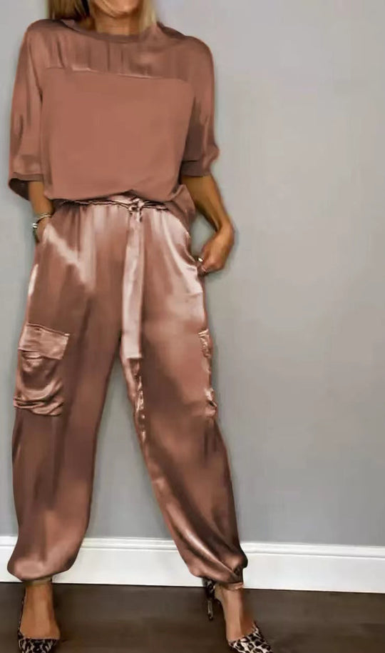 R&B | Solide Farbe glatt Satin Top zweiteilige Set für Frauen