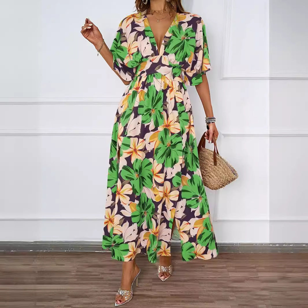 Damen Voluminöses Maxikleid mit floralem Design und tiefem V-Ausschnitt R&B