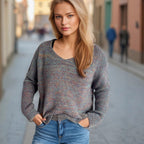 Damen lässiger V-Ausschnitt Pullover mit strukturiertem Maschenmuster R&B