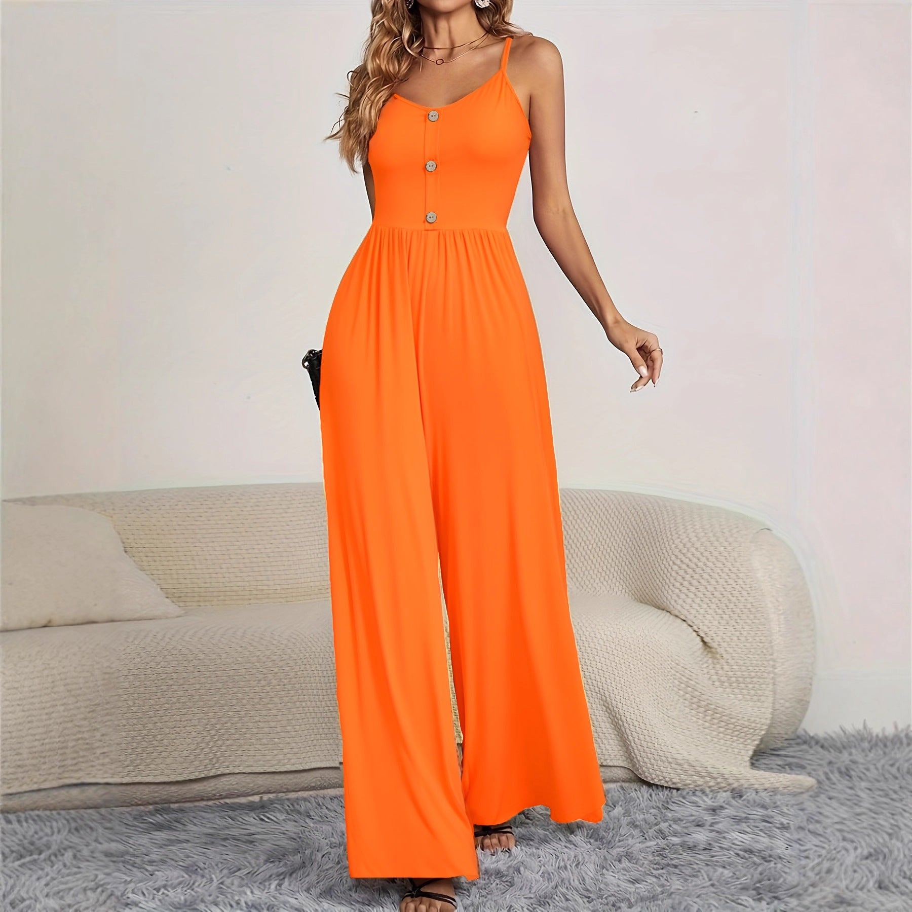 Damen Jumpsuit mit knöpfbarem Oberteil und weitem Bein R&B