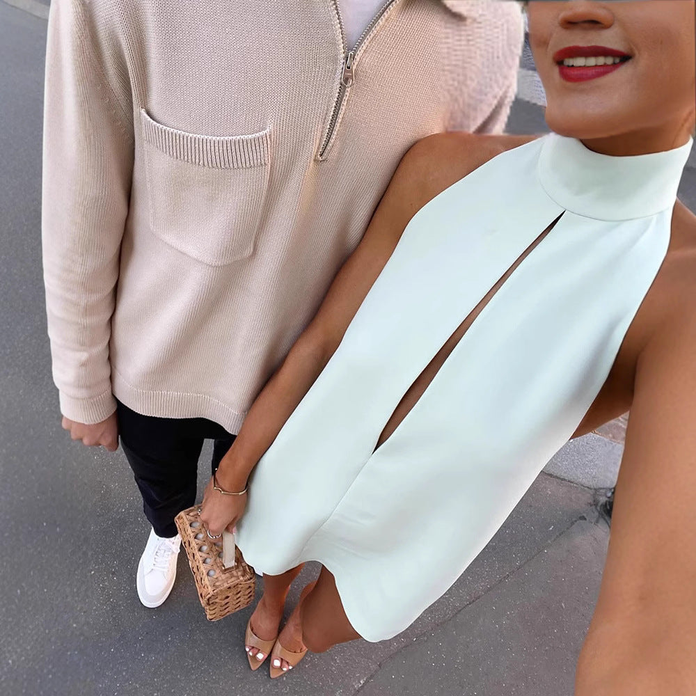 Damen trendiges Minikleid mit hohem Kragen und schlüsselloch Ausschnitt R&B