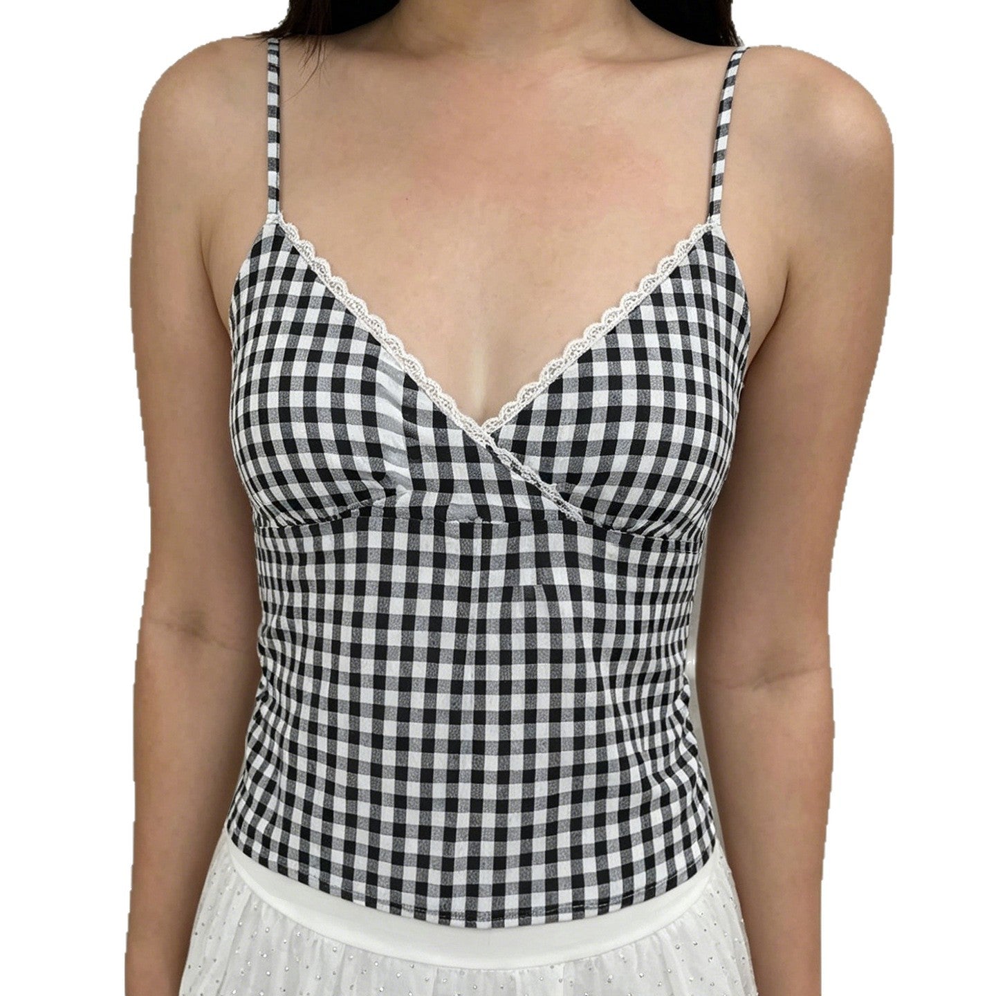 Damen V-Ausschnitt Vichy-Trägertop mit Spitzendetails R&B