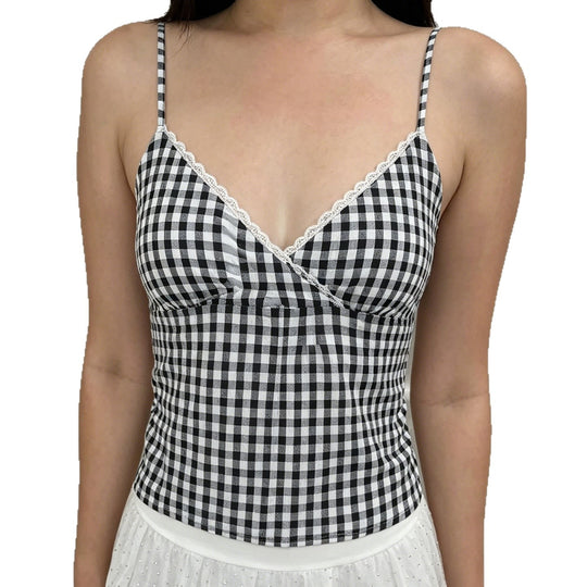 Damen V-Ausschnitt Vichy-Trägertop mit Spitzendetails R&B