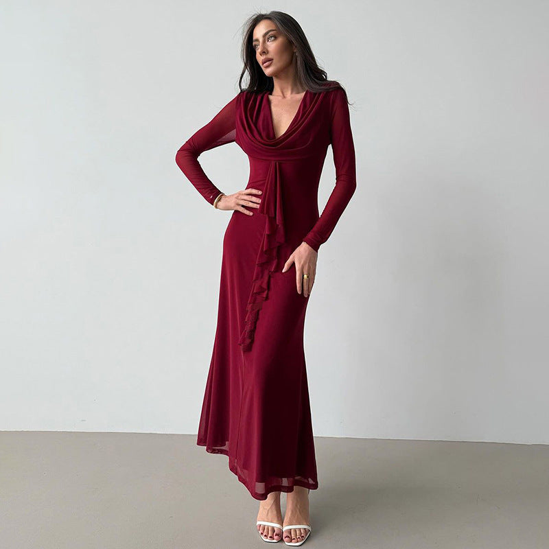 Damen Elegantes Maxikleid mit tiefem V-Ausschnitt und Rüschendetail R&B