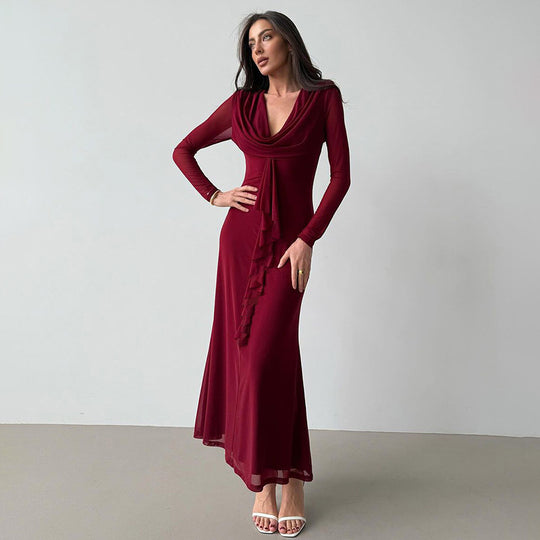Damen Elegantes Maxikleid mit tiefem V-Ausschnitt und Rüschendetail R&B