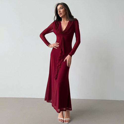 Damen Elegantes Maxikleid mit tiefem V-Ausschnitt und Rüschendetail R&B