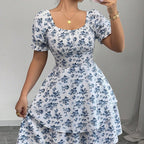 Damen Blumenkleid mit Rüschensaum und Puffärmeln R&B
