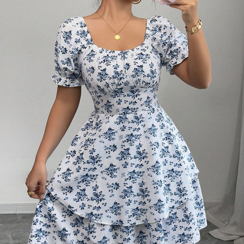 Damen Blumenkleid mit Rüschensaum und Puffärmeln R&B