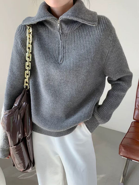 Damen Leichter Strickpullover mit hohem Kragen und Reißverschluss R&B